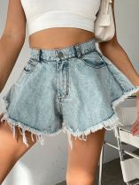 Denim shorts for women with torn holes, high waisted, loose fringed jeans