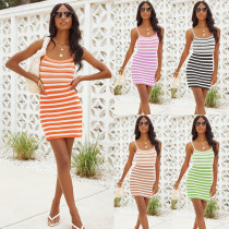 Sexy Open Back Knitted Strap Dress Stripe Contrast Beach Dress