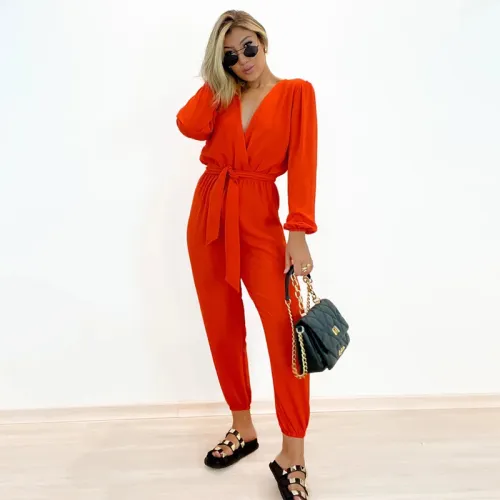 Wash water wrinkled V-neck long sleeved lace up high waisted jumpsuit pants