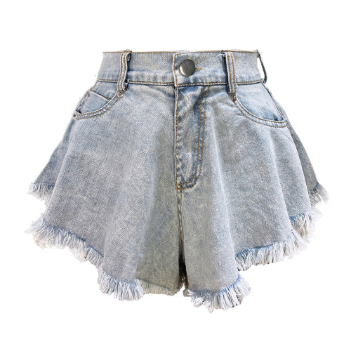 Denim shorts for women with torn holes, high waisted, loose fringed jeans