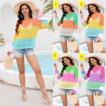 Women's color matching hollowed out knitted beach shirt seaside vacation long sleeved sun protection shirt