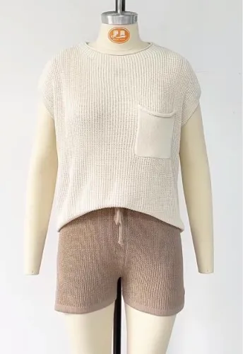 Women's loose casual set, large size with pockets, solid color women's knit shirt