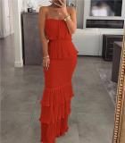 Bust tied pleated ruffled long skirt
