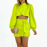 Half High Collar Long Sleeve Shirt Lace up High Waist Ruffled Short Skirt Set of Two