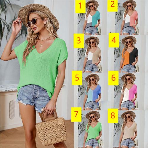 Women's V-neck color matching sleeve top loose casual large T-shirt