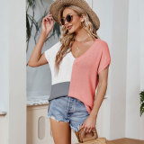 Women's V-neck color matching sleeve top loose casual large T-shirt