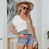 Women's V-neck color matching sleeve top loose casual large T-shirt