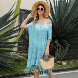 Women's solid color tassel hollowed out knit shirt loose oversized beach skirt