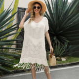 Women's solid color tassel hollowed out knit shirt loose oversized beach skirt