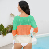 Women's color matching hollowed out knitted beach shirt seaside vacation long sleeved sun protection shirt