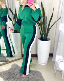 Stripe color matching round neck lantern sleeve long sleeved high waisted straight leg pants two-piece set