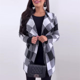 Plaid printed long sleeved suit collar unbuttoned woolen jacket for women's top