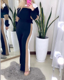Stripe color matching round neck lantern sleeve long sleeved high waisted straight leg pants two-piece set