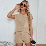 Women's loose casual set, large size with pockets, solid color women's knit shirt