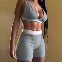 Sexy V-neck Casual Tank Top Split Short Pants Sports Yoga Set Two Piece Set