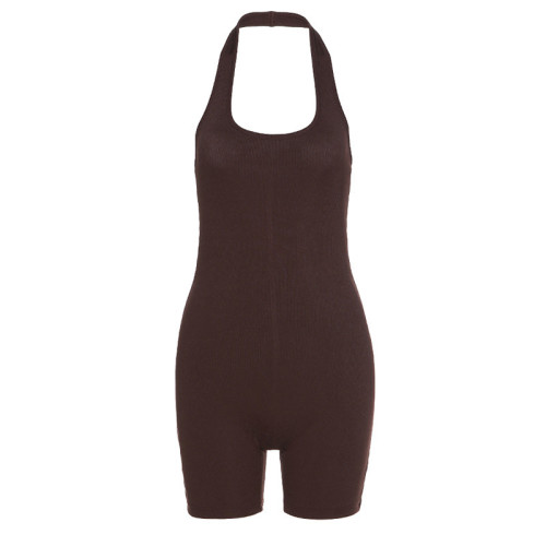 Women's Solid Color Sexy Open Back Hanging Neck Short Sports Jumpsuit