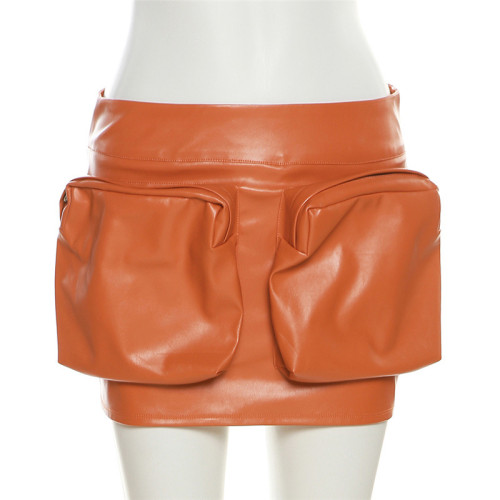 Tight fitting high waisted street trendy artificial pocket wrap buttocks short skirt