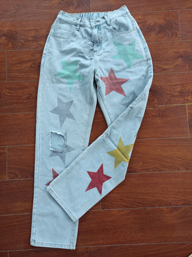 Sequin printed perforated pentagram jeans