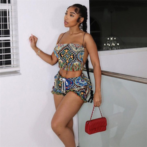 Women's Sexy Embroidery Tassel Ethnic Style Tank Top High Waist Hip Lift Short Set