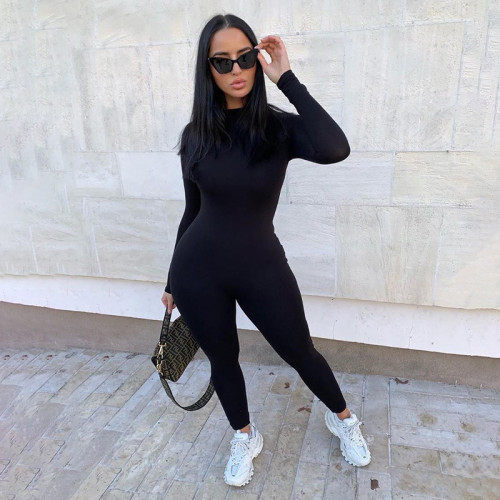 Women's long sleeved slim fitting high waisted hip lifting sports jumpsuit