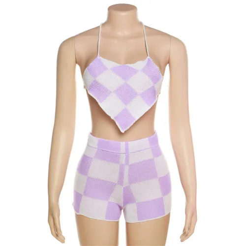 Sexy Hollow Knit Hanging Neck Tank Top High Waist Slim Wrap Hip Shorts Set