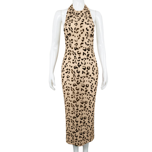 Leopard print mesh flocking sexy perspective slim fitting hanging neck dress
