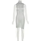 Sexy High Neck Hooded Knitted High Waist Tight Solid Color Hip Wrap Dress