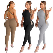 Women's suspender sexy solid color tight high waisted sports jumpsuit
