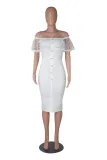 Off shoulder one line collar with polka dot mesh and ruffle edge stitching, slimming and sexy dress with bandage