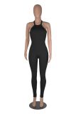 Women's suspender sexy solid color tight high waisted sports jumpsuit