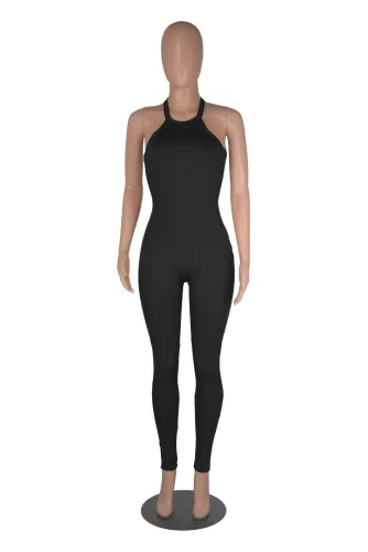 Women's suspender sexy solid color tight high waisted sports jumpsuit
