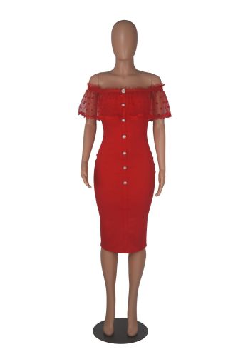 Off shoulder one line collar with polka dot mesh and ruffle edge stitching, slimming and sexy dress with bandage