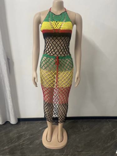 Women's long tassel woven color matching tassel beach skirt