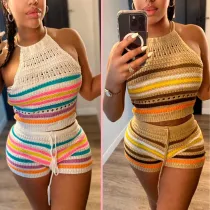 Printed Stripe Sleeveless Back Hanging Neck Top Wrapped Hip Tight Sweater Fashion Set