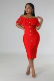 Off shoulder one line collar with polka dot mesh and ruffle edge stitching, slimming and sexy dress with bandage
