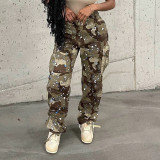 Women's personalized splashed ink camouflage street work pocket splicing straight woven casual pants