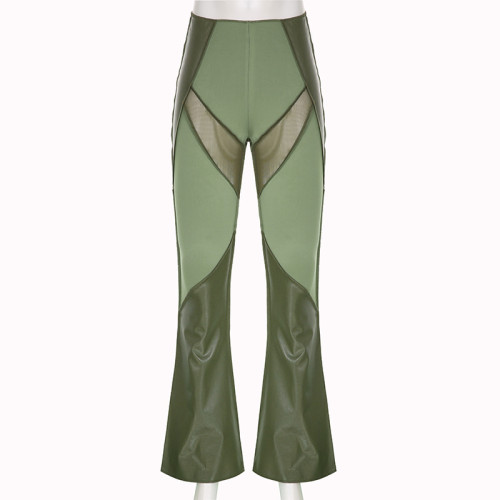 Leather Perspective Mesh Panel Contrast Tight Micro Ragged Pants