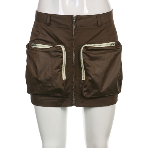 Work style large pocket zipper color contrast stitching straight tube skirt short skirt