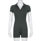 Casual sports women's solid colored basic Polo neck breasted tight spicy girl jumpsuit shorts