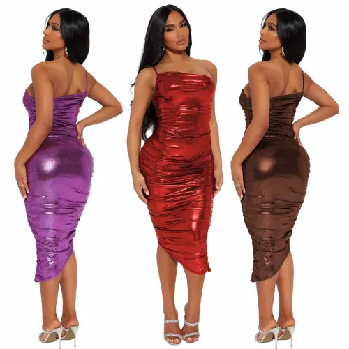 Sexy and fashionable one shoulder drawstring wrinkled dress