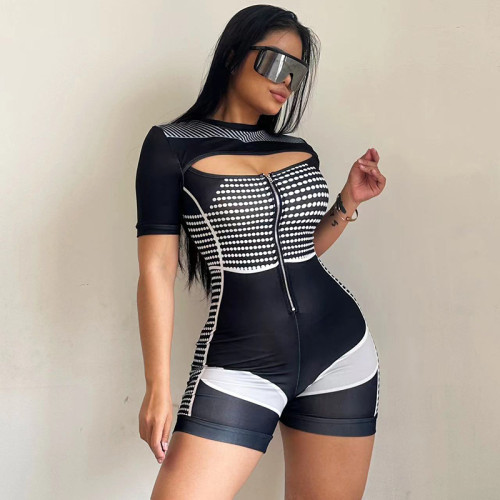 Women's polka dot striped printed hollow zipper panel tight jumpsuit