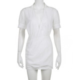 Women's Summer Featured Pleated Deep V-Neck Mid Sleeve Polo Shirt Wrapped Hip Dress Short Dress