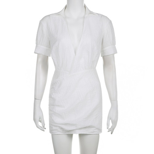 Women's Summer Featured Pleated Deep V-Neck Mid Sleeve Polo Shirt Wrapped Hip Dress Short Dress