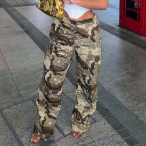 Women's personalized splashed ink camouflage street work pocket splicing straight woven casual pants