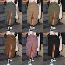 Fashionable street work style large pocket elastic waist split skirt