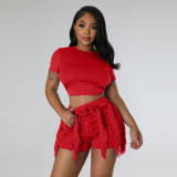 Women's short sleeved vest with drawstring tassel shorts and pants two-piece set