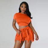 Women's short sleeved vest with drawstring tassel shorts and pants two-piece set