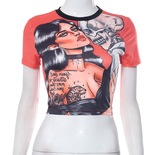 Personalized printed color contrast fashion open navel T-shirt