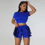 Women's short sleeved vest with drawstring tassel shorts and pants two-piece set