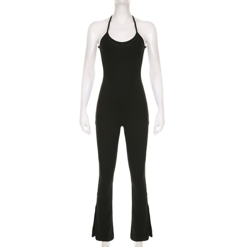 Women's solid color minimalist U-neck suspender with hanging neck, backless tight, slightly flared and split feature jumpsuit pants